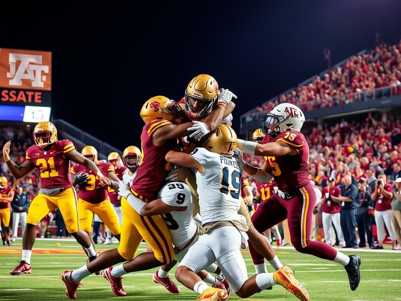 An action-packed scene from a college football game featuring Arizona State and Texas A&M, showcasing players in vibrant unif