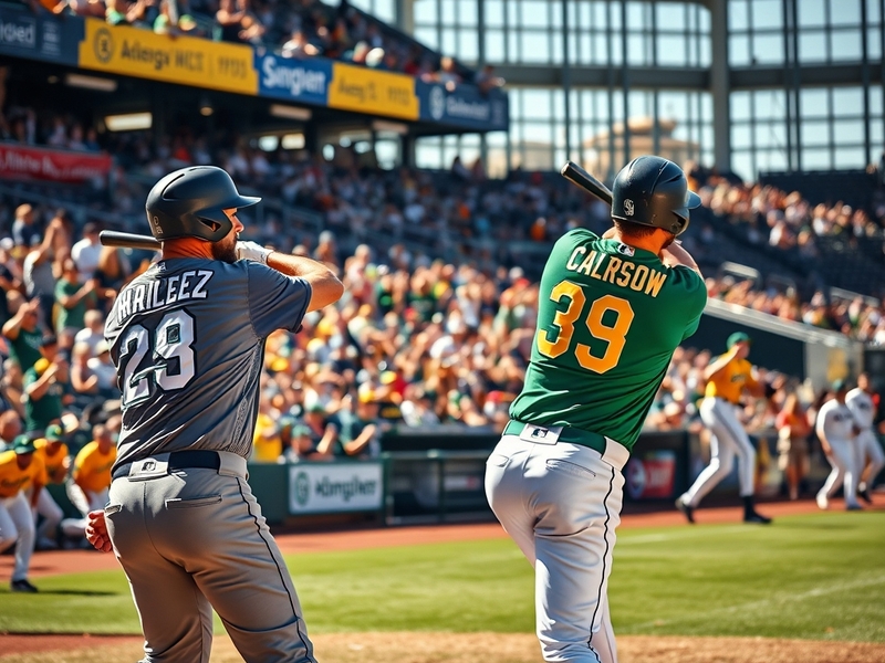 A vibrant scene from a Mariners vs. Athletics game, showcasing fans in team colors, the stadium atmosphere, and players in ac