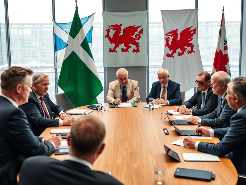 A group of political leaders from Scotland, Wales, and Northern Ireland engaged in discussion, set in a formal meeting room w