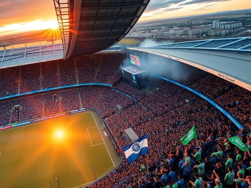 A vibrant scene from a Rangers vs Celtic match, showcasing passionate fans in team colors, flags waving, and a packed stadium