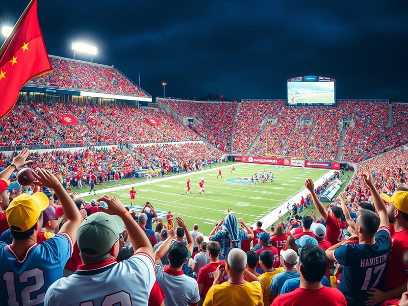 An action shot of a college football game, showcasing players in vibrant team uniforms, a packed stadium, and the excitement