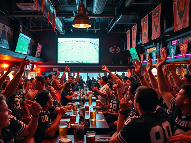 A vibrant scene of fans gathered in a sports bar, cheering for their favorite football teams, with screens displaying live ma