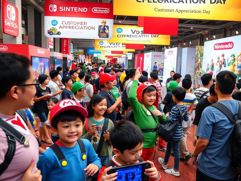 An image featuring a vibrant Nintendo gaming event, showcasing fans interacting with game demos and merchandise, capturing ex