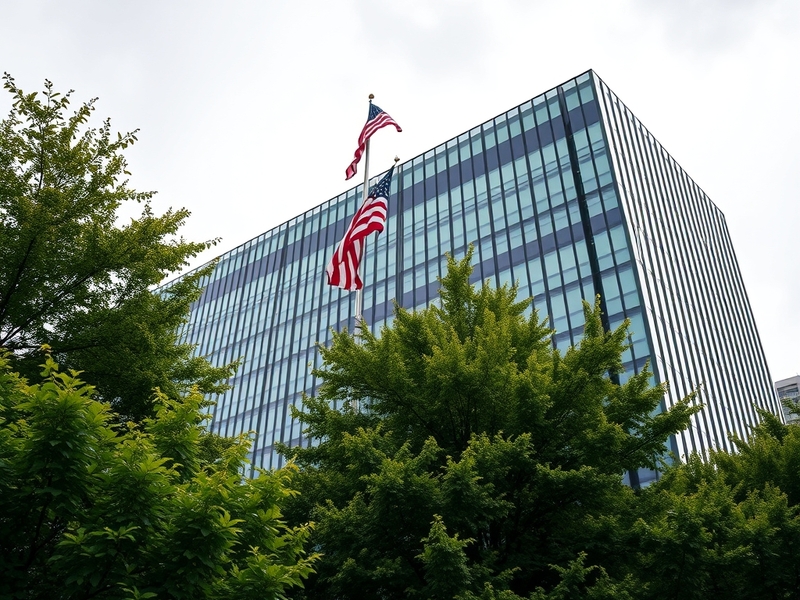A modern view of the U.S. Embassy in London, showcasing its glass facade and landscaped gardens, under a clear blue sky.