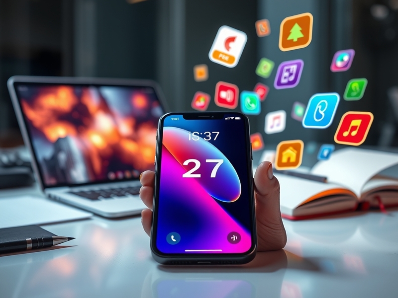 A visual representation of the iOS interface, showcasing new features with a modern design aesthetic, set against a tech-them