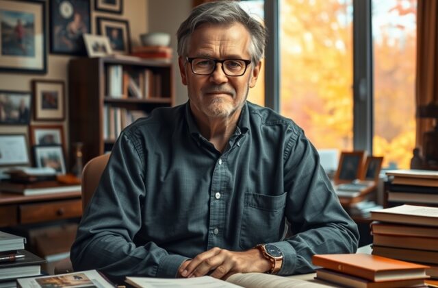A professional portrait of Michael Alford, showcasing him in an office setting with community engagement visuals in the backg
