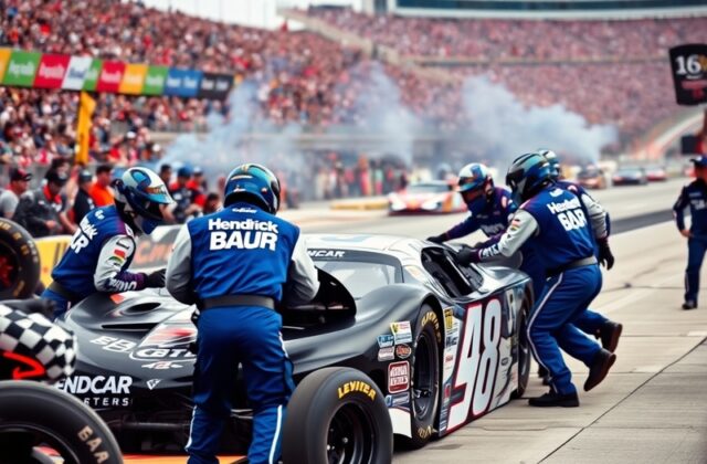 A dynamic image of a Hendrick Motorsports car racing on the track, showcasing speed and excitement, with fans cheering in the