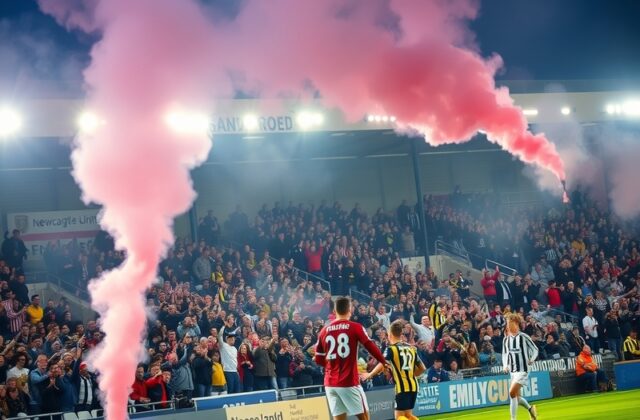 A dramatic image capturing the intensity of a Leeds vs Newcastle match, featuring passionate fans, vibrant team colors, and t