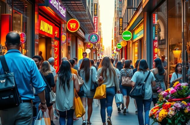 An image depicting a modern retail space with a mix of physical and digital elements, showcasing shoppers using mobile device