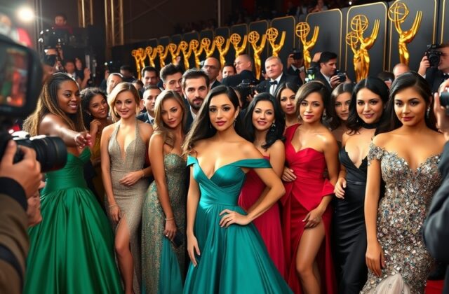 A vibrant collage of the 2026 Emmy nominees, showcasing key characters from various nominated series in a celebratory setting