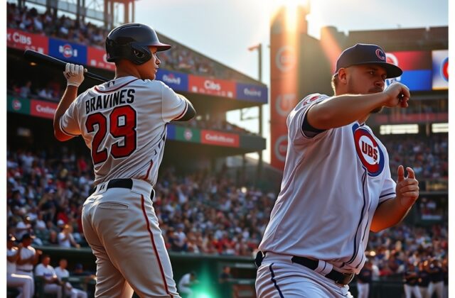 A vibrant scene from a Braves vs. Cubs game, showcasing fans in team colors, the stadium atmosphere, and players in action on