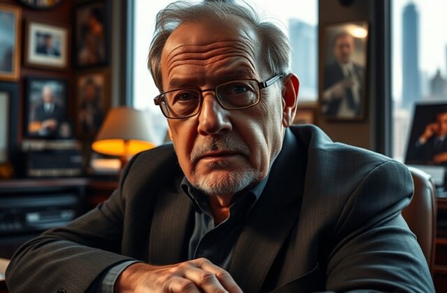 A portrait of Dick Wolf in a production studio, surrounded by scripts and production equipment, conveying a sense of creativi