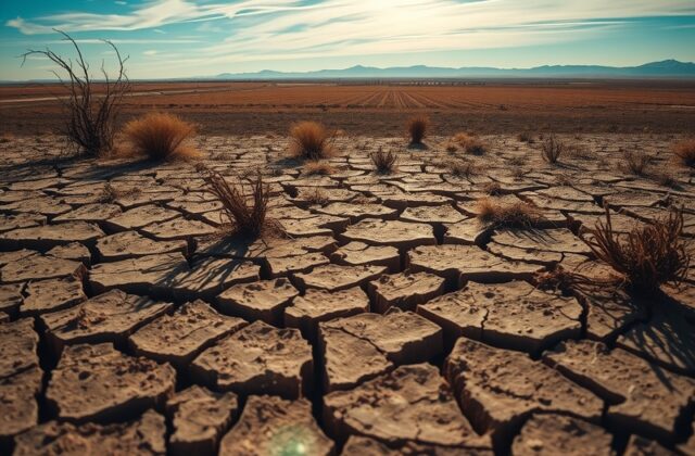 A parched landscape with cracked soil under a clear blue sky, symbolizing the effects of drought.