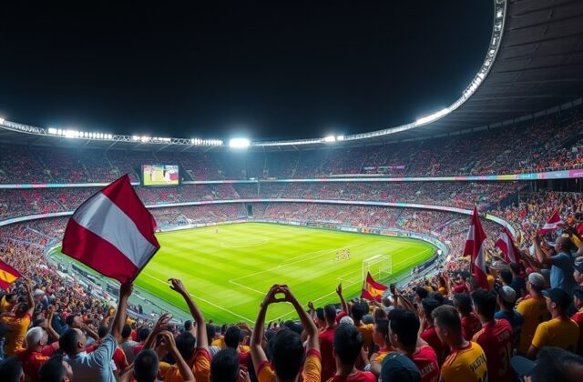 A vibrant football stadium filled with passionate fans, showcasing the intense atmosphere of a match between Al Ain and Al-Na