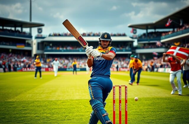 An action shot from the ENG vs SL series, showcasing a batsman hitting a ball with a vibrant crowd in the background, capturi
