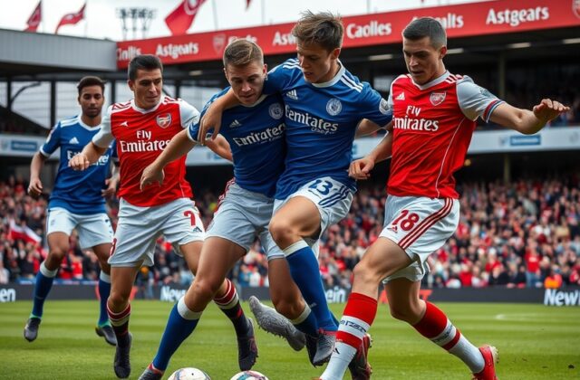 An action-packed image of players from Ipswich Town and Arsenal competing for the ball, set in a vibrant stadium atmosphere,