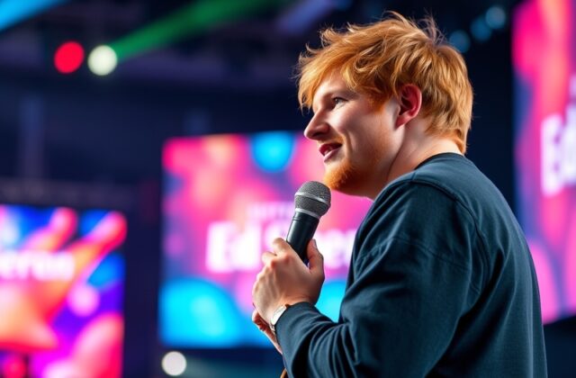 An image of Ed Sheeran during a press conference, conveying a thoughtful expression, with a backdrop of musical notes and a m