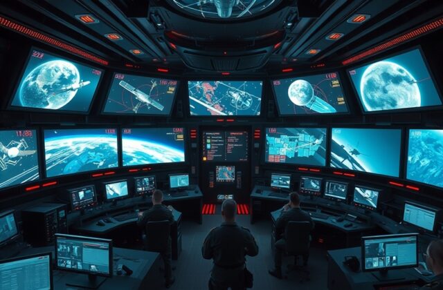 An illustration depicting US satellites in orbit, with a backdrop of Earth and space, showcasing advanced technology and a se