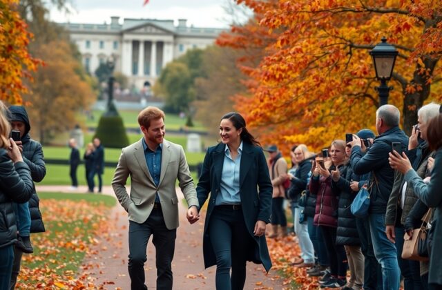 A candid photograph of Prince Harry and Meghan Markle in a serene UK setting, perhaps in a park, with their children playing