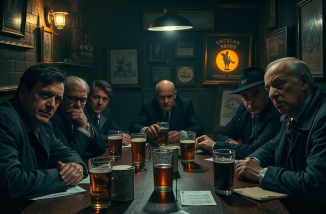 A tense scene from Slow Horses featuring the main cast in a dimly lit room, showcasing their expressions of determination and