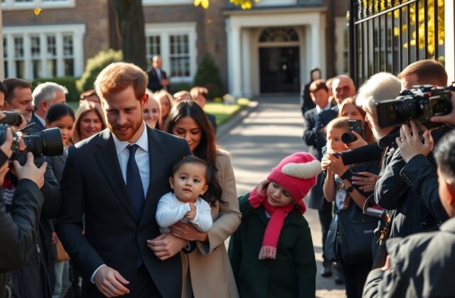 An image depicting Prince Harry and Meghan Markle at a school event, capturing a candid moment with their children, set again
