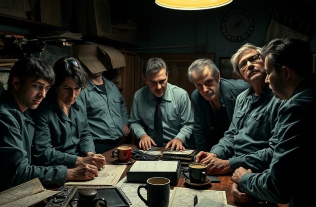 A tense scene from Slow Horses Season 6, featuring the main characters in a dimly lit office, showcasing expressions of conce