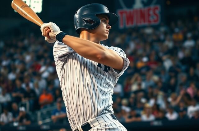 A vibrant image capturing a Yankees vs. Twins game in a packed stadium, showcasing players in action and fans cheering.