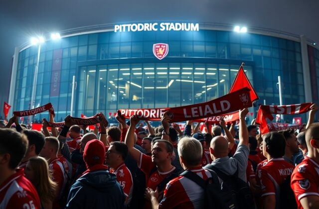 A vibrant image of Aberdeen F.C. fans cheering in Pittodrie Stadium, showcasing the club's iconic red colors and intense matc