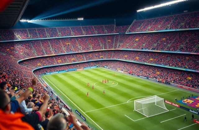 A vibrant stadium filled with fans, half supporting Barcelona in blue and garnet, and the other half in Racing Santander's gr