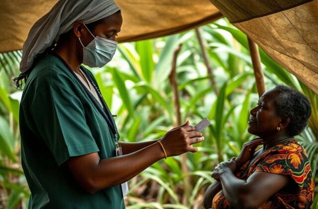 An image depicting a healthcare worker conducting an HIV awareness session in a Fijian community, highlighting the importance