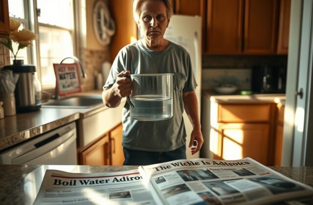 An image showing Wichita residents filling containers with bottled water during the boil water advisory, with a backdrop of t