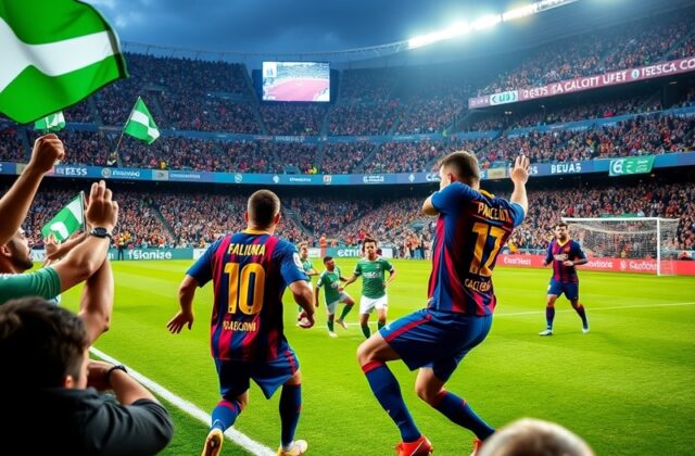 An intense football match scene featuring FC Barcelona and Racing Santander players in action, showcasing the vibrant atmosph