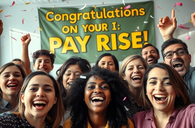 An illustration of diverse workers engaged in discussions about pay rises, set against a backdrop of cityscapes representing