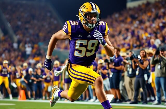 An action shot of Sam Leavitt during a high school football game, showcasing his focus and determination on the field.