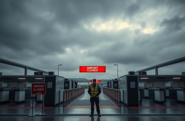 An image depicting a closed airport terminal with empty check-in counters and signage indicating flight cancellations.