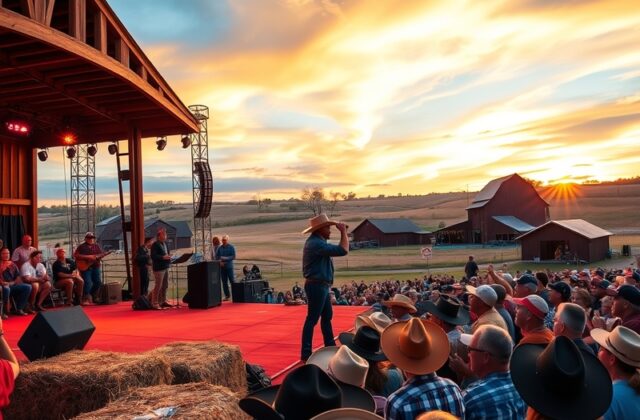 A vibrant concert scene at Luke Bryan's Farm Tour, featuring a lively crowd enjoying music amidst a beautiful rural setting.
