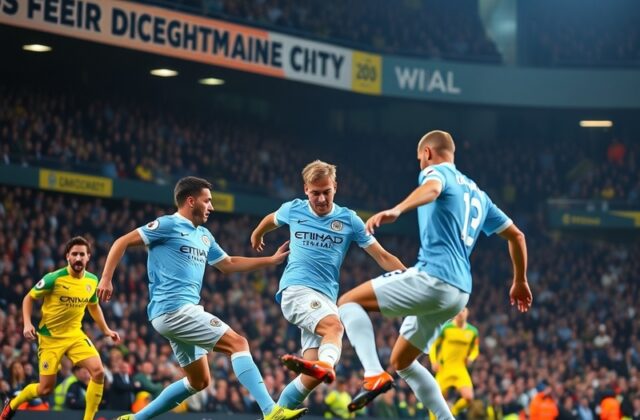 An action shot from the match showing Manchester City players celebrating a goal, with the crowd cheering in the background,