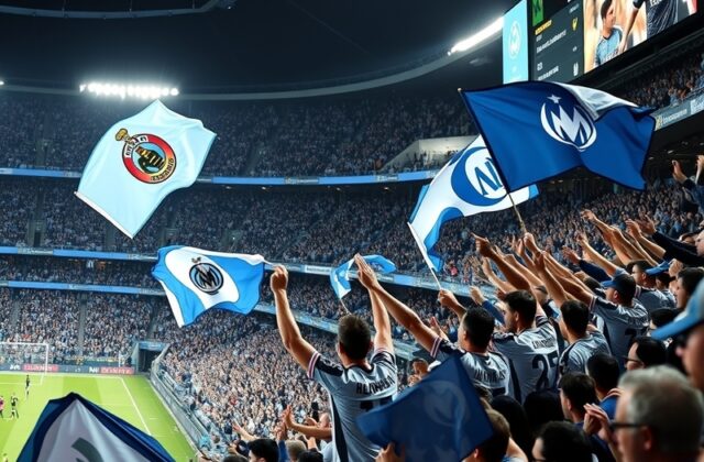 A dynamic image showcasing a Beşiktaş vs Olympique de Marseille match, featuring passionate fans, vibrant team colors, and a
