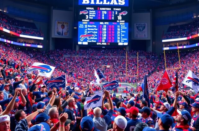 A vibrant image of a packed stadium during a Buffalo Bills game, with fans wearing team colors and cheering passionately.