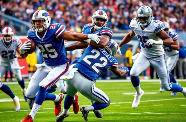 An action-packed image of an NFL game featuring the Bills and Lions, showcasing players in dynamic poses, with fans cheering
