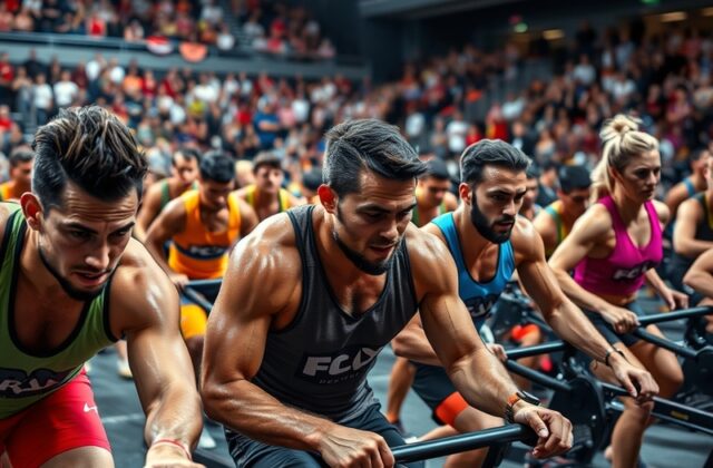 A dynamic scene of participants competing in a Hyrox event, showcasing various workout stations with enthusiastic spectators