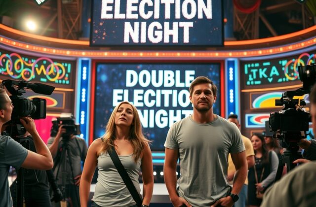 A tense scene from a Big Brother double eviction night, featuring anxious houseguests and dramatic lighting, capturing the hi