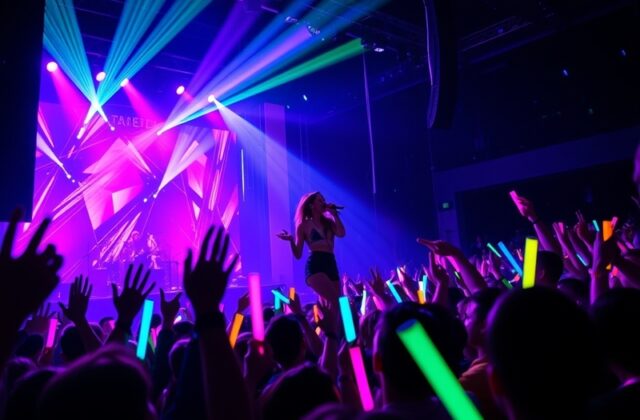 A vibrant concert scene featuring Charli XCX performing on stage, with colorful lights and an energetic crowd.