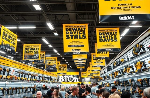 A vibrant image showcasing a variety of Dewalt power tools on display, highlighting their durability and design in a workshop
