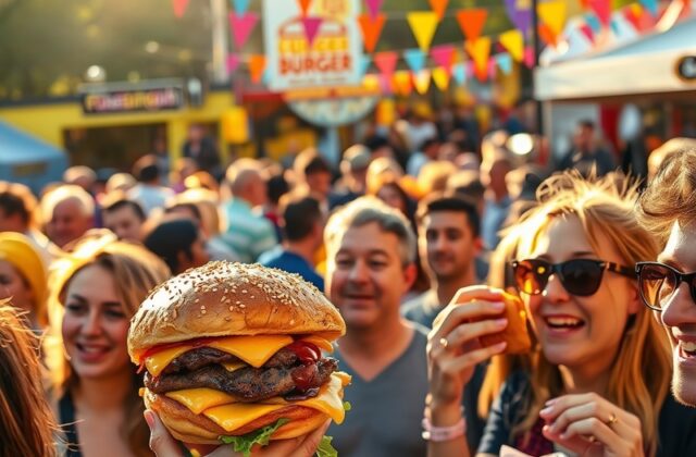 A vibrant scene of a cheeseburger festival, featuring various gourmet burgers, colorful toppings, and enthusiastic crowds enj