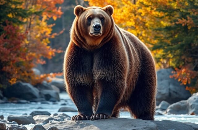 An engaging image of a large brown bear catching salmon in a river, surrounded by autumn foliage, showcasing the beauty of na