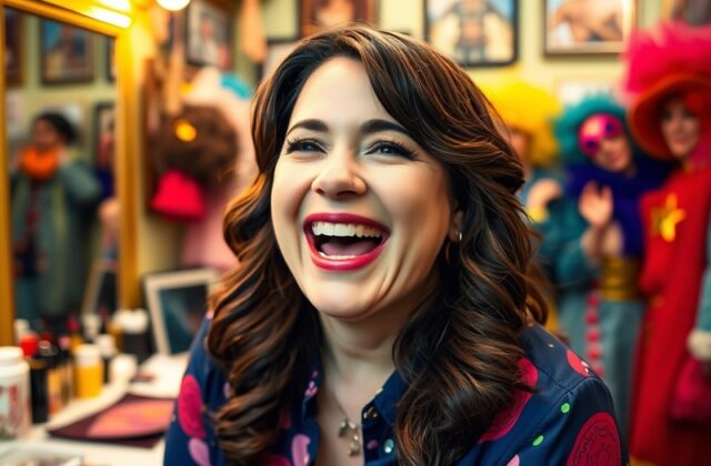A vibrant image of Casey Wilson on stage, showcasing her comedic flair, with bright lighting and an enthusiastic audience in