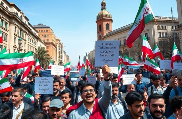 A vibrant rally in Iran with protesters holding banners and flags, symbolizing their fight for rights and freedoms, set again