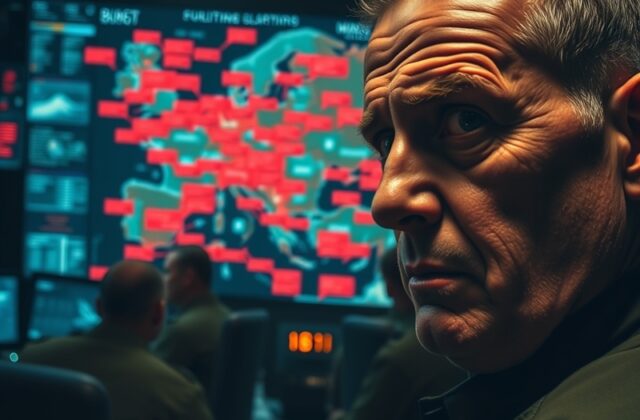 A military operations room with personnel analyzing data on screens, highlighting the integration of AI technology in decisio
