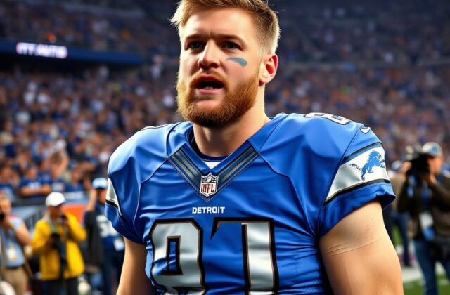 Aidan Hutchinson in a Detroit Lions uniform, celebrating a play on the field with teammates, showcasing determination and tea